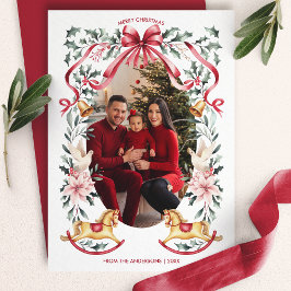Red Bow Botanical Christmas Rocking Horse Foto Feestdagenkaart