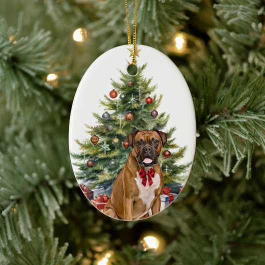 Red Bow Boxer Dog Christmas Keramisch Ornament (Boom)