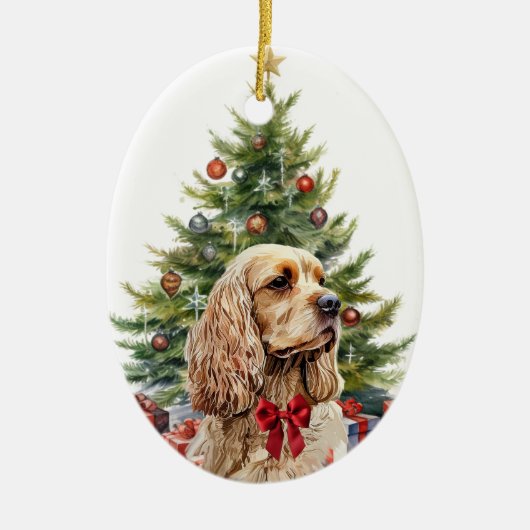 Red Bow Buff Blonde Cocker Spaniel Dog Keramisch Ornament (Voorkant)