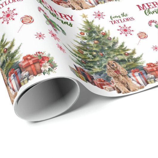 Red Bow Buff Cocker Spaniel Dog Holiday Tree Cadeaupapier (Rol Hoek)
