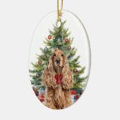 Red Bow Buff Cocker Spaniel Hond Kerstmis Keramisch Ornament (Links)