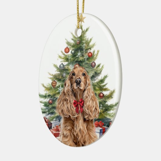Red Bow Buff Cocker Spaniel Hond Kerstmis Keramisch Ornament (Links)