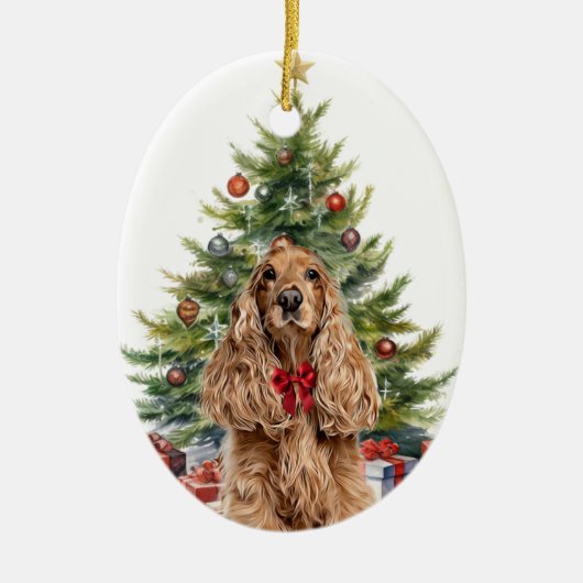 Red Bow Buff Cocker Spaniel Hond Kerstmis Keramisch Ornament (Voorkant)
