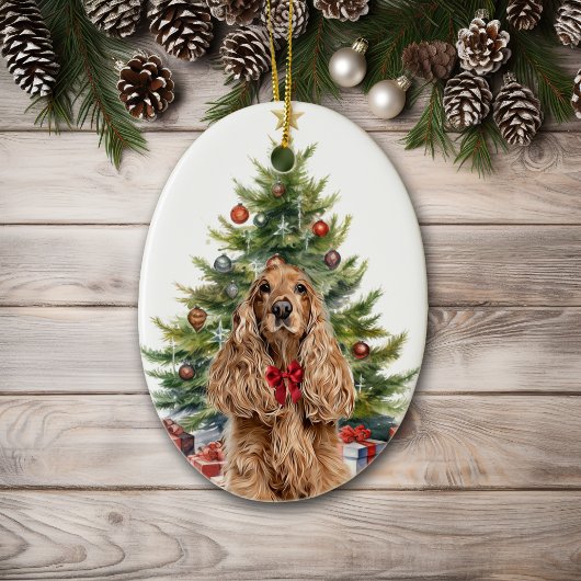 Red Bow Buff Cocker Spaniel Hond Kerstmis Keramisch Ornament