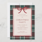 Red Bow Burgundy Green Plaid Christmas Party Kaart (Voorkant)