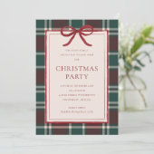 Red Bow Burgundy Green Plaid Christmas Party Kaart (Staand voorkant)