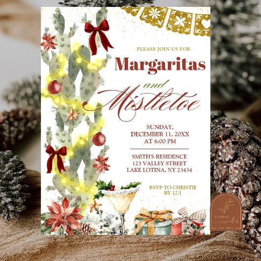Red bow Cactus Christmas Margaritas and Mistletoe Kaart