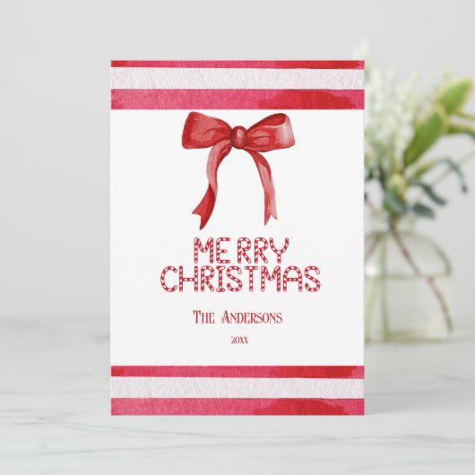 Red Bow Candy Cane Coquette Vrolijk Kerstfeest Feestdagenkaart (Staand voorkant)