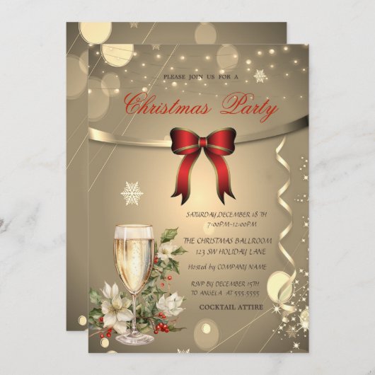 Red Bow, Champagne Poinsettia Bedrijf Kerstmis Kaart (Voorkant / Achterkant)