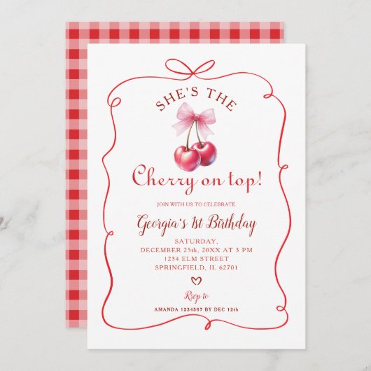 Red Bow Cherry op de eerste verjaardag van Top Gir Kaart (Voorkant / Achterkant)