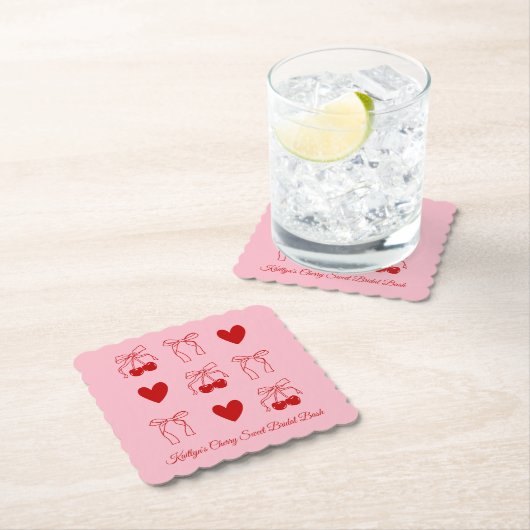 Red Bow Cherry Sweet Vrijgezellenfeest Paper Onder Kartonnen Onderzetters (Insitu)