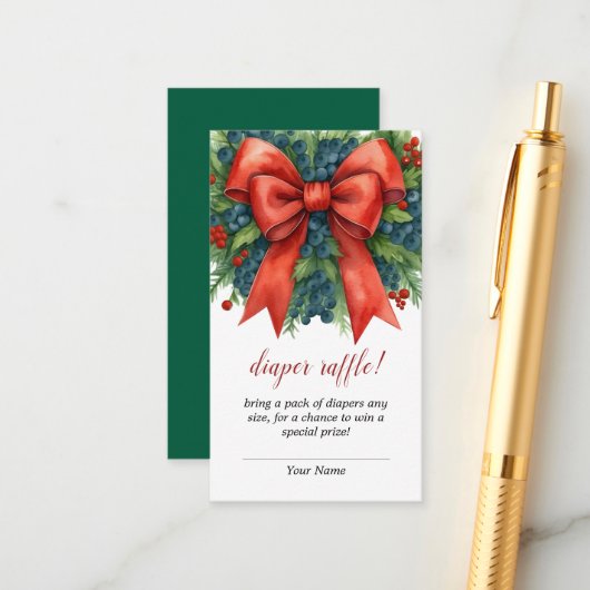 Red Bow Christmas Baby Shower Diaper Raffle Informatiekaartje (Voorkant / Achterkant in situ)