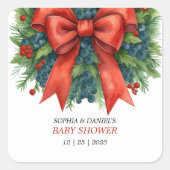 Red Bow Christmas Baby Shower Vierkante Sticker (Voorkant)