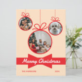 Red Bow Christmas Ball 3 foto's Feestdagenkaart (Staand voorkant)