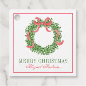 Red Bow Christmas Boxwood Krans Bedankjes Labels (Voorkant)
