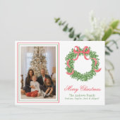 Red Bow Christmas Boxwood Krans Foto Feestdagenkaart (Staand voorkant)