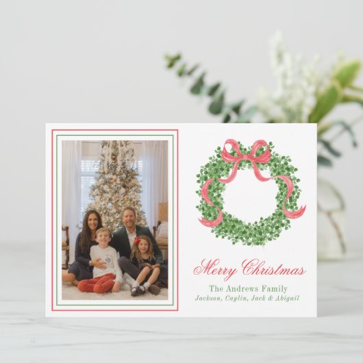 Red Bow Christmas Boxwood Krans Foto Feestdagenkaart (Staand voorkant)