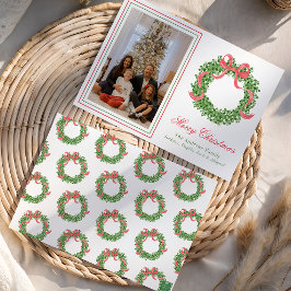 Red Bow Christmas Boxwood Krans Foto Feestdagenkaart