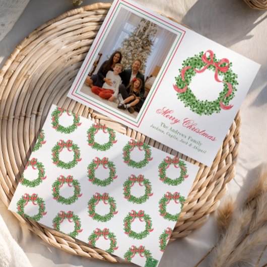 Red Bow Christmas Boxwood Krans Foto Feestdagenkaart