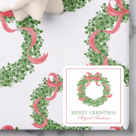 Red Bow Christmas Boxwood Krans Vierkante Sticker