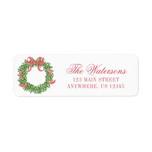 Red Bow Christmas Boxwood Wreath Address Etiket (Voorkant)