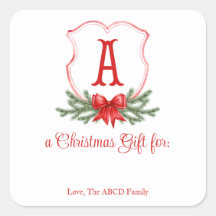 Red Bow Christmas Crest Sticker Gift Label - A