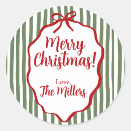 Red Bow Christmas, Green Stripe Custom Ronde Sticker