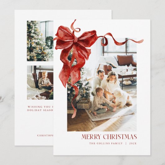 Red Bow Christmas Kaart Coquette Foto Vakantie Kaa (Voorkant / Achterkant)