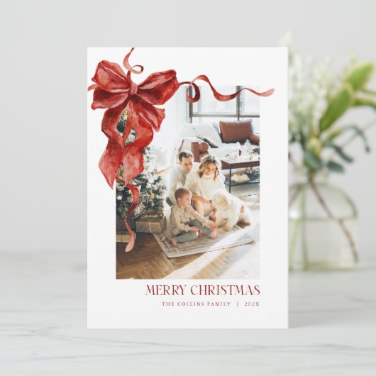 Red Bow Christmas Kaart Coquette Foto Vakantie Kaa (Staand voorkant)