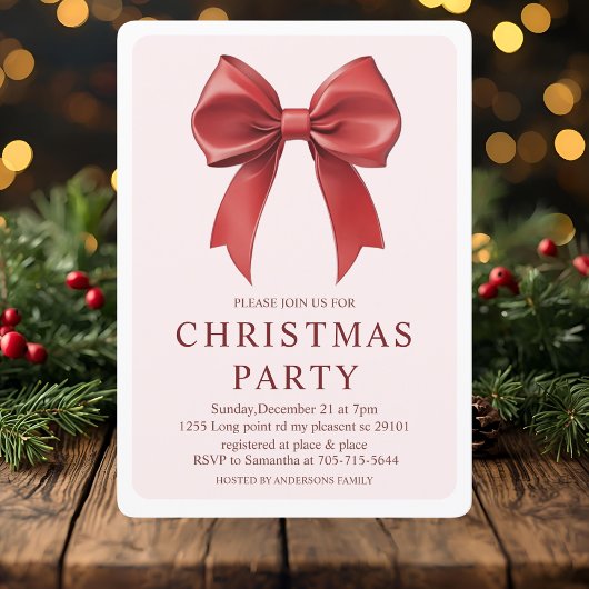 Red Bow Christmas Party | Elegant Festive Kaart