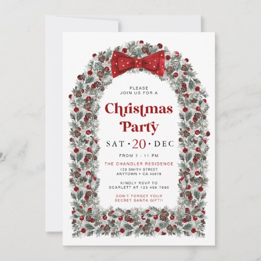 Red Bow Christmas Party Invitation Holiday Dinner  Kaart (Voorkant)