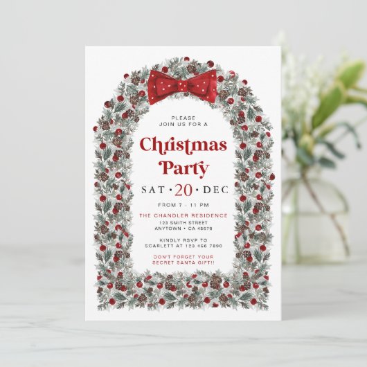 Red Bow Christmas Party Invitation Holiday Dinner  Kaart (Staand voorkant)