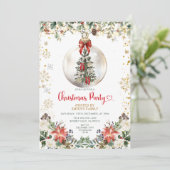 Red Bow Christmas Party Ornament Holiday Floral Kaart (Staand voorkant)