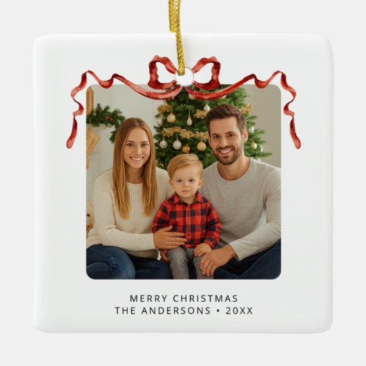 Red Bow Christmas Photo Square Keramisch Ornament (Voorkant)