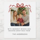 Red Bow Christmas Photo Wijn Etiket (Enkel label)