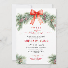 Red Bow Christmas Sweet 16 Birthday Invitation Kaart