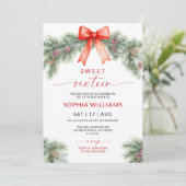 Red Bow Christmas Sweet 16 Birthday Invitation Kaart (Staand voorkant)