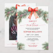 Red Bow Christmas Sweet 16 Birthday Invitation Kaart (Voorkant / Achterkant)