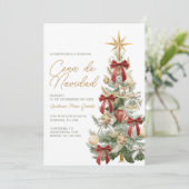 Red Bow Christmas Tree Cena De Navidad Dinner Kaart (Staand voorkant)