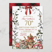 Red Bow Christmas Woman 70th Birthday Tea Party Kaart (Voorkant / Achterkant)