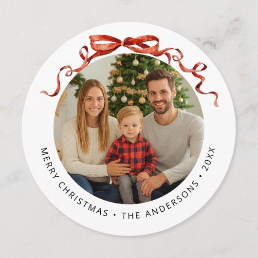 Red Bow Circle Christmas Photo Feestdagenkaart (Voorkant)