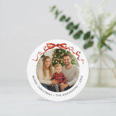 Red Bow Circle Christmas Photo Feestdagenkaart (Staand voorkant)
