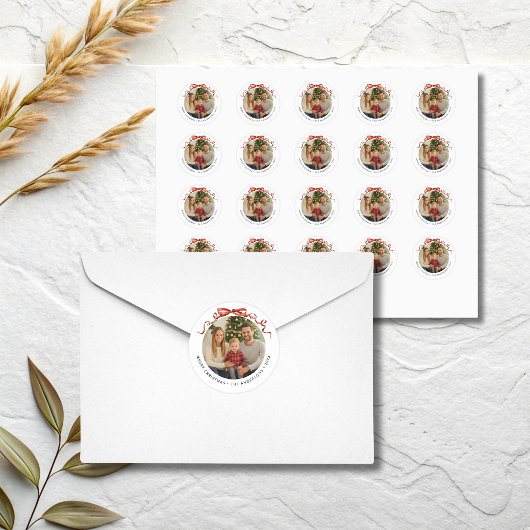 Red Bow Circle Christmas Photo Ronde Sticker