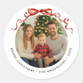 Red Bow Circle Christmas Photo Ronde Sticker (Voorkant)