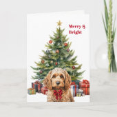 Red Bow Cockapoo Dog Christmas Tree Card Feestdagen Kaart (Voorkant)