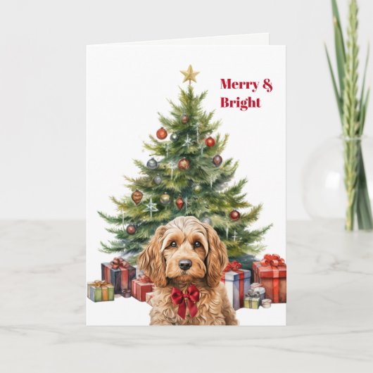 Red Bow Cockapoo Dog Christmas Tree Card Feestdagen Kaart (Voorkant)
