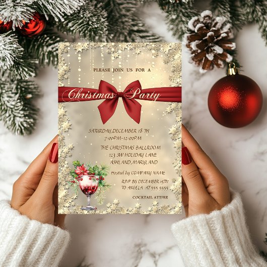 Red Bow Cocktail Poinsettia Christmas Corporated Kaart
