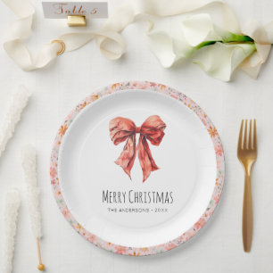 Red Bow Coquette Elegant Bloemen Kerstmis Papieren Bordje