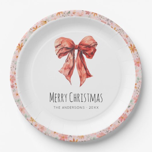 Red Bow Coquette Elegant Bloemen Kerstmis Papieren Bordje (Voorkant)