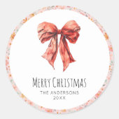 Red Bow Coquette Elegant Bloemen Kerstmis Ronde Sticker (Voorkant)